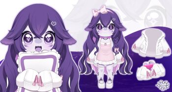 1girl :3 :d bluenamie_(artist) body_markings bow braid chibi choker colored_skin colored_tongue commentary dress english_commentary facial_mark fins fish_tail hair_between_eyes hair_bow hair_ornament hairband heart heart_hair_ornament highres hugging_object indie_virtual_youtuber jacket long_hair mark_under_both_eyes megalodon_(vtuber) open_mouth pillow pillow_hug pink_bow pink_choker pink_dress pink_hairband pink_ribbon purple_eyes purple_hair purple_skin purple_tongue ribbon shark_tail sharp_teeth sleeves_past_fingers sleeves_past_wrists smile sparkling_eyes tail teeth virtual_youtuber white_jacket