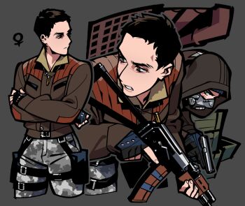 Rule 34 | 1boy, 1girl, ak-74, assault rifle, black gloves, black hair, brown jacket, camouflage, camouflage pants, chinese commentary, commentary request, fingerless gloves, fukurau, genderswap, genderswap (mtf), gloves, gun, handgun, holding, holding gun, holding weapon, holster, hood, hood up, hooded jacket, jacket, kalashnikov rifle, makarov pm, pants, pixie cut, rifle, short bangs, short hair, skif (stalker 2), snow camouflage, stalker (game), stalker 2: heart of chornobyl, strider (stalker), thigh holster, trigger discipline, upper body, venus symbol, weapon, white pants