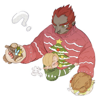 2boys ? age_difference alternate_costume blonde_hair blush child chocolate christmas christmas_sweater christmas_tree_print cropped_torso dark-skinned_male dark_skin ear_blush earrings food fruit ganondorf green_sweater grrr0111 hair_slicked_back hands_up height_difference holding holding_food holding_plate hoop_earrings hug jewelry link looking_at_another looking_down male_focus multiple_boys nintendo no_headwear plate red_hair red_sweater short_hair simple_background strawberry sweater the_legend_of_zelda the_legend_of_zelda:_ocarina_of_time translation_request turkey_(food) very_short_hair white_background yellow_eyes young_link