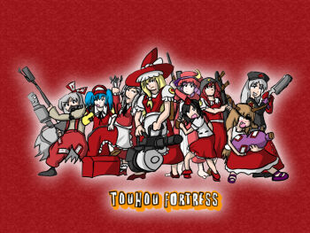 Rule 34 | 6+girls, cookie (artist), crossover, demoman (tf2), engineer (tf2), everyone, flamethrower, fujiwara no mokou, heavy (tf2), holding flamethrower, holding weapon, hong meiling, ibuki suika, izayoi sakuya, kawashiro nitori, kirisame marisa, medic (tf2), multiple girls, parody, patchouli knowledge, pyro (tf2), scout (tf2), shameimaru aya, sniper (tf2), soldier (tf2), spy (tf2), team fortress 2, touhou, yagokoro eirin