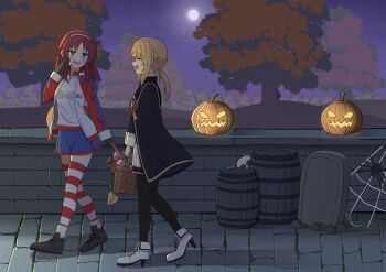 2girls absurdres aisha_greyrat basket black_coat black_gloves black_pantyhose blonde_hair blue_jacket blue_skirt bug coat commentary commission cosplay cosplay_request demon_tail english_commentary from_side gloves green_eyes hairband halloween halloween_costume hand_up highres holding holding_basket jack-o'-lantern jacket lessar lessar_(cosplay) long_hair long_sleeves mechanical_tail miniskirt moon multicolored_jacket multiple_girls mushoku_tensei norn_greyrat open_clothes open_jacket pantyhose pink_hairband red_hair red_jacket shirt siblings silk sisters skirt smile spider spider_web striped_clothes striped_thighhighs tail thighhighs tialimko toaru_majutsu_no_index tree walking white_jacket white_shirt