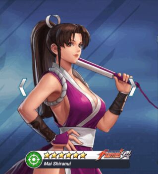 1girl animated animated_gif bouncing bouncing_breasts breasts brown_eyes brown_hair cleavage female_focus folding_fan hand_fan hand_on_own_hip holding holding_fan large_breasts long_hair looking_at_viewer lowres matching_hair/eyes ninja ponytail shiranui_mai smile snk solo standing the_king_of_fighters the_king_of_fighters_all-stars