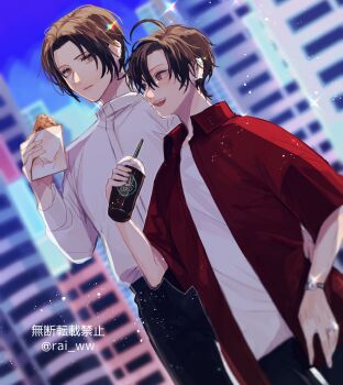 Rule 34 | 2boys, ahoge, alternate costume, alternate hair length, alternate hairstyle, amana raika, black hair, black pants, black shirt, blue sky, blurry, blurry background, brown hair, building, city, closed mouth, collared shirt, commentary request, contemporary, couple, cup, day, disposable cup, drink, drinking straw, dutch angle, food, height difference, highres, holding, holding cup, holding drink, holding food, jewelry, lan wangji, light particles, long sleeves, looking at another, male focus, modao zushi, multiple boys, open clothes, open mouth, outdoors, pants, parted bangs, purple eyes, red shirt, ring, shirt, short hair, short sleeves, sky, smile, sparkle, standing, twitter username, undershirt, watch, wei wuxian, white shirt, wristwatch, yaoi, yellow eyes
