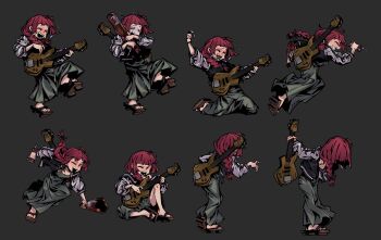 1girl absurdres ahoge beer_bottle bocchi_the_rock! bottle braid breasts broken_bottle cleavage closed_eyes darkest_dungeon guitar highres hiroi_kikuri holding holding_guitar holding_instrument instrument jester_(darkest_dungeon) multiple_views red_hair sandals sharp_teeth simple_background single_braid small_breasts sprite_sheet teeth waa153