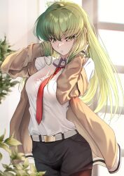 Rule 34 | 1girl, absurdres, alternate costume, belt, black skirt, breasts, brown jacket, budgiepon, c.c., code geass, collar, commentary, expressionless, green hair, hand up, hands in hair, highres, holding, holding hair, indoors, jacket, long hair, long sleeves, looking at viewer, makise kurisu, necktie, pantyhose, plant, shirt, skirt, solo, steins;gate, sunlight, translated, very long hair, white belt, white shirt, window, yellow eyes