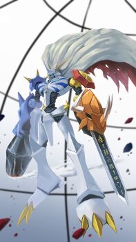 Rule 34 | absurdres, arm blade, arm cannon, armor, blue eyes, cape, digimoji, digimon, digimon (creature), digimon adventure, digimon adventure: bokura no war game, energy cannon, full body, highres, horns, mecha, natsuishi nana, omegamon, red cape, robot, shoulder armor, solo, sword, weapon, white armor, white cape