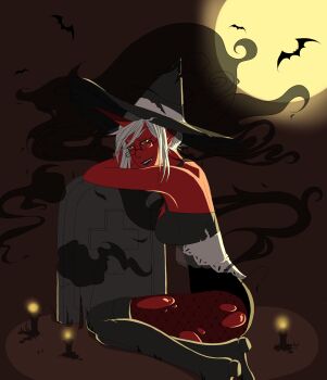 1girl bat_(animal) black_boots boots breasts candle colored_skin demon_girl fishnet_pantyhose fishnets full_moon glasses hat highres horns kneesocks_(psg) lapin_(drawfrag) long_hair medium_breasts moon outdoors panty_&amp;_stocking_with_garterbelt pantyhose red_skin sharp_teeth short_hair sitting solo teeth thigh_boots third-party_source tombstone torn_clothes torn_pantyhose white_hair witch witch_hat yellow_eyes