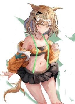 ahoge animal_ears bandeau bare_shoulders black_skirt breasts brown_hair closed_mouth hair_between_eyes hair_ornament hairclip horse_ears horse_girl horse_tail jacket jewelry jungle_pocket_(champion's_battle_cry)_(umamusume) jungle_pocket_(umamusume) long_sleeves looking_at_viewer medium_hair navel open_clothes open_jacket pleated_skirt simple_background skirt small_breasts smile stomach suspenders tail umamusume yanagi_wakana yellow_bandeau yellow_eyes yellow_jacket