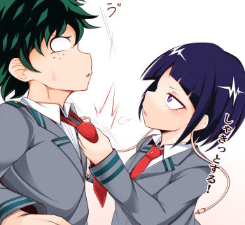 blue_hair boku_no_hero_academia collared_shirt couple from_side green_eyes green_hair grey_jacket hetero jacket jiro_kyoka kagayai_akira long_sleeves midoriya_izuku necktie purple_eyes red_necktie school_uniform shirt short_hair simple_background u.a._school_uniform white_background white_shirt