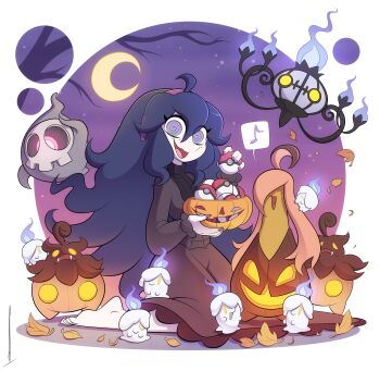 1girl 2025 :d @_@ absurdres ahoge barefoot black_sweater candle chandelier chandelure commentary crescent_moon dress duskull english_commentary eyebrows_hidden_by_hair feet fire full_body gen_3_pokemon gen_5_pokemon gen_6_pokemon ghost glowing glowing_eyes gourgeist hair_between_eyes hairband halloween headband hex_maniac_(pokemon) hex_maniac_(pokemon_xy) highres holding holding_poke_ball jack-o'-lantern kneeling litwick looking_at_viewer madcosmos mask moon night night_sky nintendo open_mouth outdoors pink_hair poke_ball poke_ball_(basic) pokemon pokemon_xy pumpkaboo purple_dress purple_fire purple_headband ringed_eyes skull_mask sky smile spider_web_print sweater toes turtleneck turtleneck_sweater wavy_hair