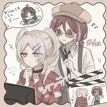 3girls awa_subaru black_choker black_hair black_necktie black_skirt blue_eyes choker closed_eyes collared_shirt comb commentary eighth_note girls_band_cry grey_eyes grey_hair hamchan69 highres holding holding_comb iseri_nina kawaragi_momoka long_hair multicolored_hair multiple_girls musical_note necktie open_mouth red_hair red_shirt roots_(hair) shirt short_twintails skirt smile speech_bubble sunglasses suspender_skirt suspenders sweat tongue tongue_out translation_request twintails two_side_up white_shirt