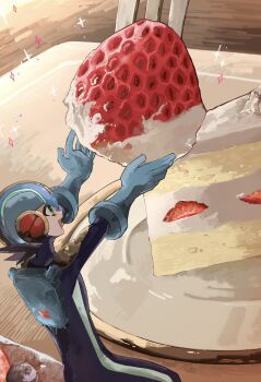 1boy blue_bodysuit blue_helmet bodysuit cake food fruit green_eyes helmet highres holding holding_food holding_fruit i_nemui_i male_focus mega_man_(series) mega_man_battle_network_(series) megaman.exe netnavi oversized_food oversized_object solo strawberry strawberry_shortcake