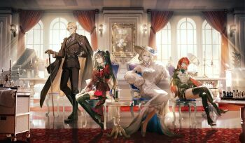 1boy 3girls bianca_(pgr) black_boots black_coat black_gloves black_jacket black_pants blonde_hair blue_eyes boots breasts buttons candlestand cane chessboard chinese_commentary chrome_(pgr) coat coat_on_shoulders commentary_request crossed_legs cup double-breasted dress drinking_glass feather_boa gloves hair_between_eyes hand_up hat high_heel_boots high_heels highres indoors instrument jacket kuuus large_breasts long_dress long_hair looking_at_viewer lucia_(pgr) multiple_girls official_alternate_costume official_art pants phonograph piano punishing:_gray_raven red_dress red_hair short_hair single_glove sitting thigh_boots thighs twintails vera_(pgr) white_dress white_gloves white_hat window