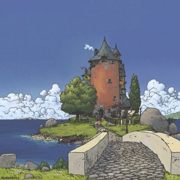 1other artist_name aurumek beach bench bird blue_hat blue_sky boat boulder bridge bush castle cat chimney clothesline cloud cloudy_sky commentary day dock english_commentary facing_away fence grass hat highres holding holding_staff island lamppost ocean original outdoors path picket_fence road rock sand scenery sky smoke solo staff tree water watercraft white_cat witch_hat wooden_fence