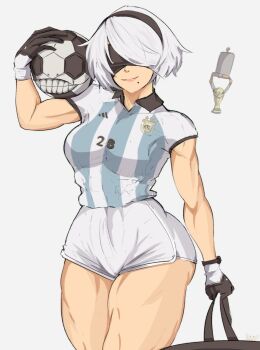 1girl 2022 2022_fifa_world_cup 2b_(nier:automata) argentina argentinian_flag argentinian_flag_print bag ball blindfold blue_shirt closed_mouth commentary cowboy_shot drone flag_print gloves grey_hair highres holding holding_bag holding_ball mole mole_under_mouth muscular muscular_female nier:automata nier_(series) non-humanoid_robot parted_lips pod_(nier:automata) robot science_fiction shirt short_hair smile soccer soccer_ball soccer_uniform solo sportswear striped_clothes striped_shirt trophy vertical-striped_clothes vertical-striped_shirt white_shirt wide_hips world_cup yoracrab