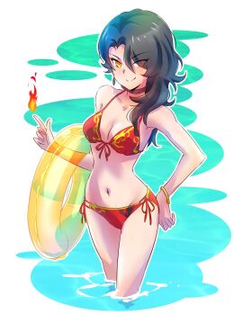 1girl bikini black_hair bracelet breasts choker cinder_fall cleavage earrings female_focus fire gold_bracelet halterneck hand_on_own_hip iesupa innertube jessica_nigri jewelry long_hair looking_at_viewer medium_breasts navel orange_eyes panties pointing pyrokinesis red_bikini rwby side-tie_bikini_bottom smile solo standing string_bikini string_panties swim_ring swimsuit underwear voice_actor_connection wading water
