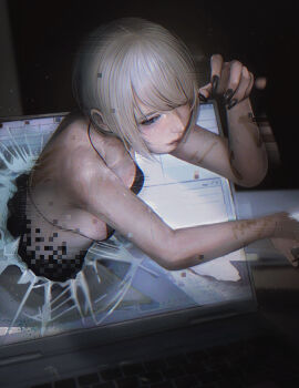 1girl absurdres bikini black_bikini black_nails blonde_hair commentary computer cracked_screen glitch highres laptop mikasamu original short_hair solo swimsuit