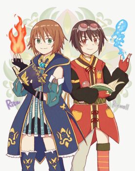 2girls asymmetrical_legwear black_gloves black_hair blue_robe blush book boots brown_eyes brown_hair character_name choker cosplay costume_switch detached_sleeves dress fingerless_gloves fire gloves goggles goggles_on_head green_eyes hair_between_eyes holding holding_book hood hood_down hydrokinesis light_brown_hair looking_at_viewer multiple_girls object_in_pocket open_book pen_in_pocket pocket pyrokinesis red_gloves rinwell_(tales) rinwell_(tales)_(cosplay) rita_mordio rita_mordio_(cosplay) robe short_hair simple_background smile tales_of_(series) tales_of_arise tales_of_vesperia thigh_boots thighhighs uneven_legwear vefpeem water