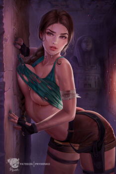 1girl against_wall bandages braid braided_ponytail breast_press breasts brown_hair clothes_lift curvy embers fingerless_gloves fingernails gloves hand_on_wall highres holster lara_croft leaning_forward messy_hair orange_eyes parted_lips patreon_username prywinko sarcophagus shirt shirt_lift shorts stone sweat tank_top thighs tomb tomb_raider torn_clothes torn_shirt underboob