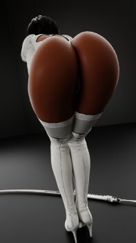 1girl 3d absurdres ass ass_focus back_cutout bent_over black_hair boots clothing_cutout cpt-flapjack dark-skinned_female dark_skin female_focus from_behind high_heel_boots high_heels highres huge_ass leotard nier_(series) nier:automata puffy_sleeves short_hair solo sword thick_thighs thigh_boots thighhighs thighs weapon wide_hips 2p_(nier:automata)