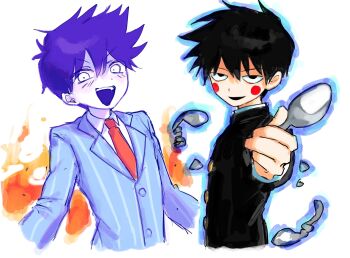 Rule 34 | 2boys, :d, antenna hair, black eyes, black hair, black jacket, black mouth, blue jacket, blue outline, bossman hero, buttons, circle facial mark, collared shirt, colored skin, commentary request, cropped torso, crossover, double-parted bangs, facial mark, fang, fire, foreshortening, gakuran, hair behind ear, hair between eyes, hairstyle connection, hand up, hero (headspace) (omori), hero (omori), highres, holding, holding spoon, jacket, kageyama ritsu, korean commentary, layered sleeves, long sleeves, looking at viewer, male focus, mob psycho 100, multiple boys, necktie, official alternate eye color, omori, open mouth, outline, pinstripe jacket, pinstripe pattern, purple hair, reaching, reaching towards viewer, red necktie, school uniform, shirt, short hair, simple background, smile, spoon, teeth, trait connection, upper teeth only, upturned eyes, v-shaped eyebrows, very short hair, waguwagu090908, white background, white eyes, white shirt, white skin