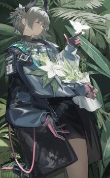 1girl ammunition_pouch arknights bare_legs belt bird bird_girl black_feathers black_shorts cable cable_tail closed_eyes coat dark-skinned_female dark_skin drop_shadow earrings electric_plug electric_plug_tail extra_arms feathers flower gloves grey_hair grin hair_flower hair_ornament hashtag-only_commentary head_wings highres jewelry load_bearing_vest mechanical_arms mechanical_tail multiple_belts noco_(pixiv14976070) pink_gloves pouch profile raidian_(arknights) rhodes_island_logo_(arknights) rhodes_island_uniform short_hair shorts smile solo tactical_clothes tail teeth two-sided_gloves white_flower wings