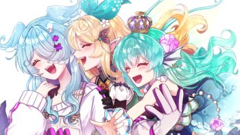 3girls ^_^ affectionate black_gloves blonde_hair blue_hair blue_skirt blue_wings butterfly_hair_ornament closed_eyes crown detached_sleeves dress elbow_gloves elira_pendora elira_pendora_(1st_costume) fang fin_piercing finana_ryugu finana_ryugu_(1st_costume) fins flower frilled_sailor_collar frills girl_sandwich glomp gloves green_dress green_hair green_ribbon grey_overalls group_hug hair_between_eyes hair_flower hair_ornament hair_over_one_eye hair_ribbon hand_on_another&#039;s_shoulder happy head_fins head_wings high_heels highres hug hug_from_behind komainu_nui lazulight long_hair long_sleeves multicolored_hair multiple_girls nijisanji nijisanji_en off_shoulder one_eye_covered open_mouth overalls pointy_ears pomu_rainpuff pomu_rainpuff_(1st_costume) puffy_sleeves purple_flower ribbon sailor_collar sandwiched shirt showgirl_skirt simple_background skirt smile streaked_hair sweater upper_body virtual_youtuber white_background white_hair white_shirt white_sweater wings wrist_cuffs x_hair_ornament