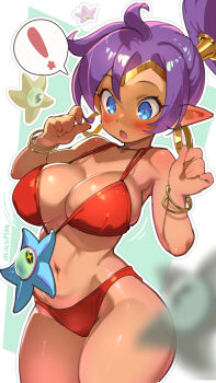 ! 1girl :o bangle bikini blue_eyes blurry blurry_foreground blush bracelet breasts circlet commentary cowboy_shot dark-skinned_female dark_skin earrings english_commentary hair_tubes halterneck hands_up highres hoop_earrings jewelry large_breasts life_is_pi looking_down motion_lines navel open_mouth outline paid_reward_available pointy_ears ponytail purple_hair red_bikini shantae shantae_(series) solo spoken_exclamation_mark standing starfish string_bikini swimsuit twitter_username white_outline