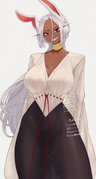 1girl alternate_costume alternate_hairstyle animal_ears artist_name black_skirt boku_no_hero_academia breasts choker cleavage collarbone commentary dark-skinned_female dark_skin english_commentary gabriel_carrasquillo grin hair_between_eyes highres large_breasts long_eyelashes long_hair long_skirt looking_at_viewer mirko parted_bangs patreon_username ponytail rabbit_ears rabbit_girl red_eyes see-through_silhouette simple_background skirt smile solo thick_thighs thighs twitch_username twitter_username very_long_hair very_long_sleeves white_background white_hair wide_hips wide_sleeves yellow_choker youtube_username