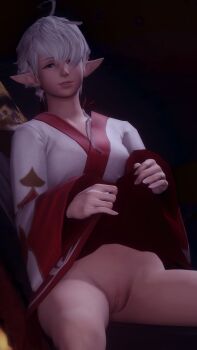 1girl 3d alisaie_leveilleur blue_eyes clothes_lift dress dress_lift final_fantasy final_fantasy_xiv highres no_panties ponytail pussy solo white_hair