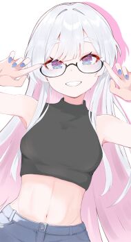 1girl bespectacled black-framed_eyewear black_shirt blue_eyes blue_nails blue_pants breasts cho_kaguya-hime! colored_inner_hair commentary crop_top cropped_shirt denim dot_nose drop_shadow glasses grin hands_up highres jeans linea_alba long_hair looking_at_viewer medium_breasts midriff multicolored_eyes multicolored_hair nail_polish navel pants pink_hair purple_eyes runami_yachiyo semi-rimless_eyewear shirt sidelocks simple_background sleeveless sleeveless_shirt smile solo straight-on straight_hair suika0207 two-tone_eyes two-tone_hair under-rim_eyewear untranslatable_commentary upper_body very_long_hair white_background white_hair
