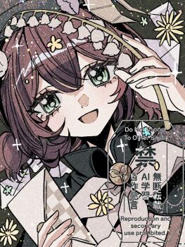 1girl :d black_cape black_hat blue_eyes bow bowtie brown_hair cape dutch_angle envelope film_grain flower flutterpage flutterpage_(gently_comes_the_thawing_breeze) hair_flower hair_ornament hands_up hat holding holding_envelope holding_flower lily_of_the_valley official_alternate_costume open_mouth portrait reverse:1999 short_twintails smile solo twintails watermark white_bow white_bowtie yellow_flower yuzu_(parasitic_910)