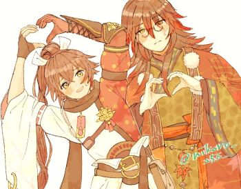 2boys black_hair gradient_hair green_eyes green_robe hair_between_eyes heart heart_hands japanese_clothes kurama_(rune_factory) long_hair looking_at_viewer male_focus multicolored_hair multiple_boys nikoro_256 ponytail red_hair robe rune_factory rune_factory:_guardians_of_azuma subaru_(rune_factory) wide_sleeves