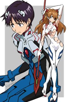 1boy 1girl black_hair blue_eyes bodysuit breasts crossed_legs curvy eyepatch full_body gluteal_fold hair_ornament highres holding holding_lance holding_polearm holding_weapon ikari_shinji lance lance_of_cassius looking_at_viewer mecha_pilot_suit narrow_waist neon_genesis_evangelion plugsuit_(evangelion) polearm short_hair simple_background souryuu_asuka_langley torn_bodysuit torn_clothes two_side_up weapon white_bodysuit wide_hips yippeekiy