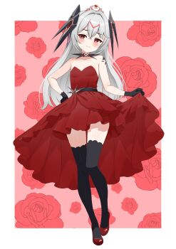 Rule 34 | absurdres, artist request, bare arms, bare shoulders, belt, black belt, black gloves, black thighhighs, blush, chaos (pgr), clothes lift, crown, dress, dress lift, embarrassed, full body, gloves, grey hair, hair between eyes, hair ornament, headgear, highres, layered skirt, long hair, meteorgale, mini crown, punishing: gray raven, red dress, red shoes, second-party source, shoes, sidelocks, skirt, thighhighs