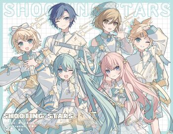 2boys 4girls :d ;) ;d arm_up blonde_hair blue_eyes blue_hair blush border brown_eyes brown_hair closed_mouth commentary_request double-parted_bangs drop_shadow frilled_skirt frills green_border green_eyes green_hair green_hat green_shorts green_skirt grid_background grin hair_between_eyes hair_ornament hairclip hat hatsune_miku highres jacket kagamine_len kagamine_rin kaito_(vocaloid) long_hair long_sleeves looking_at_viewer megurine_luka meiko_(vocaloid) moo_n_moko multiple_boys multiple_girls one_eye_closed open_clothes open_jacket open_mouth outside_border parallel_hairclips pink_hair shirt short_hair shorts skirt smile star_(symbol) star_hair_ornament twintails vocaloid white_background white_jacket white_shirt