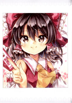 Rule 34 | 1girl, absurdres, ascot, bare shoulders, between fingers, bow, brown eyes, brown hair, closed mouth, detached sleeves, frilled hair tubes, frills, hair between eyes, hair bow, hair tubes, hakurei reimu, highres, holding, holding ofuda, long hair, long sleeves, looking at viewer, marker (medium), mimi (mimi puru), ofuda, red bow, red shirt, scan, shirt, sleeveless, sleeveless shirt, smile, solo, third-party source, touhou, traditional media, upper body, white sleeves, yellow ascot