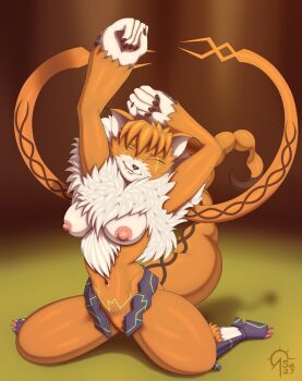 +_+ 10s 1girl armor breasts claws cleft_of_venus digimon digimon_adventure_tri. fangs fur_collar furry furry_female glowing glowing_markings highres medium_breasts meicrackmon navel neon_trim nipples pussy red_eyes sacrificabominat sharp_nails shoulder_armor stretching thighs wide_hips