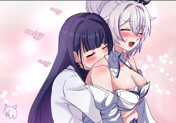 2girls ^_^ ahoge bare_shoulders blush breasts cleavage closed_eyes commentary detached_sleeves earrings english_commentary hair_between_eyes honkai_(series) honkai_impact_3rd hug hug_from_behind jewelry kiana_kaslana kiana_kaslana_(apho) kiana_kaslana_(herrscher_of_finality) kudayunii large_breasts long_hair multiple_girls pink_background purple_hair purple_streaks raiden_mei raiden_mei_(apho) shirt sweatdrop upper_body white_hair yuri