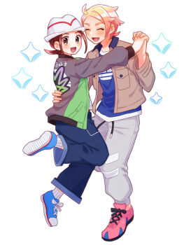 1boy 1girl :d ahoge blonde_hair blue_pants blue_shirt blue_shoes blush brown_eyes brown_hair brown_jacket closed_eyes commentary_request eyelashes grey_pants happy harmony_(pokemon) hat highres holding_hands jacket long_sleeves mochi_(mocchi_p_2m) nintendo open_clothes open_jacket open_mouth pants pink_shoes pokemon pokemon_legends:_z-a ribbed_socks shirt shoes smile socks sparkle urbain_(pokemon) white_background white_hat white_socks
