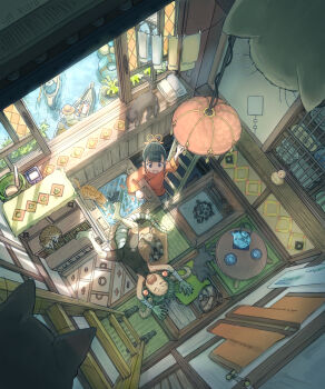 2girls animal barefoot black_bodysuit black_hair bodysuit cat center-flap_bangs closed_eyes commentary_request day electric_fan grey_hair hanging_light highres holding holding_unworn_clothes indoors ladder long_sleeves lying monster_girl multiple_girls on_back on_floor on_ladder open_mouth original pet raised_inner_eyebrows red_shirt shirt short_hair sleeveless sleeveless_bodysuit slice_of_life standing summer sweat table tail tatami teapot user_tswx7328 window_shadow