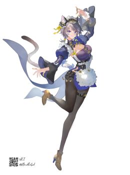 Rule 34 | 1girl, :3, absurdres, alternate costume, animal ears, apron, bell, blue eyes, bow, braid, breasts, cat ears, cat girl, cat tail, cipher (honkai: star rail), cleavage, coin, dress, frilled apron, frills, full body, grey hair, hashtag-only commentary, high heels, highres, honkai: star rail, honkai (series), maid headdress, medium breasts, pantyhose, puffy sleeves, tail, thigh strap, twin braids, uli (bredkgod), white background, yellow bow, yellow nails