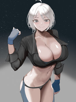 1girl absurdres angel_(kof) breasts chaps cleavage commentary crop_top cropped_jacket fingerless_gloves gloves highres jacket large_breasts leather leather_jacket looking_at_viewer midriff navel pants rokuba shiny_skin short_hair simple_background smile snk standing the_king_of_fighters white_hair