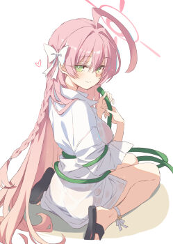 1girl ahoge ankle_strap bikini bikini_under_clothes black_shoes blue_archive blush bow braid from_behind green_eyes halo hanako_(blue_archive) hanako_(swimsuit)_(blue_archive) heart highres holding holding_hose hose huge_ahoge long_hair looking_at_viewer looking_back official_alternate_costume oversized_clothes oversized_shirt pink_bikini pink_hair pink_halo sandals satou_kibi see-through_clothes see-through_shirt shirt shoes simple_background sitting slides smile solo swimsuit wariza wet wet_clothes wet_shirt white_background white_bow white_shirt