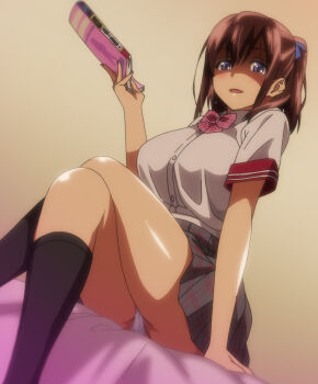 1girl arm_at_side bed bed_sheet black_socks blue_eyes blue_ribbon book bow bowtie breasts brown_hair character_request chromatic_aberration collared_shirt crossed_legs dutch_angle feet_out_of_frame female_focus from_below grey_skirt hair_between_eyes hair_ribbon half-closed_eyes hand_up holding holding_book indoors kneehighs large_breasts light_blush looking_at_viewer looking_down medium_hair miniskirt on_bed panties pantyshot pleated_skirt ribbon shaded_face shirt short_sleeves sidelocks sitting skirt smile smug socks stitched t-rex_(animation_studio) takeda_hiromitsu thick_thighs thighs third-party_edit twintails underwear white_panties white_shirt