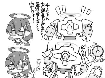 1girl blue_archive chibi chihiro_(blue_archive) collared_shirt glasses greyscale hair_between_eyes hair_ornament halo hand_up hod_(blue_archive) jacket long_sleeves miranofuudoria monochrome necktie notice_lines rabbit_hair_ornament robot semi-rimless_eyewear shirt simple_background snapping_fingers translation_request under-rim_eyewear white_background