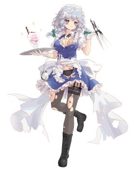 >:( 1girl absurdres annoyed apron bandaid black_boots blue_dress blue_eyes boots bow braid breast_padding breasts collared_shirt commentary defeat dress edz_drawz english_commentary food gloves green_bow grey_hair highres holding holding_knife holding_tray izayoi_sakuya knife knife_sheath lace-up_boots large_breasts maid maid_apron maid_headdress panties parfait parody pocket_watch sheath shirt simple_background solo sparkle style_parody thighhighs torn_clothes touhou touhou_blooming_chaos tray twin_braids underwear v-shaped_eyebrows waist_bow watch weapon_in_garters white_apron white_gloves