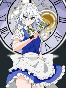 1girl apron aurora_(wdc1234555) back_bow blue_dress blue_eyes bow braid breasts clock closed_mouth collared_shirt commentary dress gears green_bow grey_hair hair_bow highres holding holding_knife izayoi_sakuya knife long_hair maid maid_headdress pinafore_dress puffy_short_sleeves puffy_sleeves roman_numeral shirt short_sleeves sleeveless sleeveless_dress solo touhou twin_braids waist_apron white_apron white_bow white_shirt