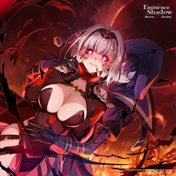 Rule 34 | 1boy, 1girl, artist request, beta (kagejitsu), black gloves, black hair, black headband, black leotard, black sclera, blush, braid, breasts, chest strap, cid kagenou, cid kagenou (shadow), cleavage, closed mouth, colored sclera, copyright notice, fire, gloves, glowing, glowing eyes, grey hair, hands on own cheeks, hands on own face, headband, kage no jitsuryokusha ni naritakute!, kage no jitsuryokusha ni naritakute! master of garden, leotard, logo, mole, mole under eye, official art, parted lips, red gloves, two-sided gloves, yandere