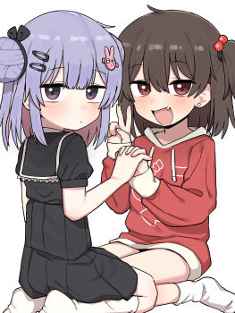 2girls :d absurdres black_dress brown_hair closed_mouth commentary double_bun dress earrings english_commentary fang hair_bobbles hair_bun hair_ornament hairclip highres holding_hands hood hood_down hoodie interlocked_fingers jewelry lakilolom long_sleeves looking_at_viewer medium_hair multiple_girls no_shoes one_side_up open_mouth original puffy_short_sleeves puffy_sleeves purple_eyes purple_hair rabbit_hair_ornament red_eyes red_hoodie seiza short_sleeves simple_background sitting smile socks stud_earrings v wariza white_background white_socks